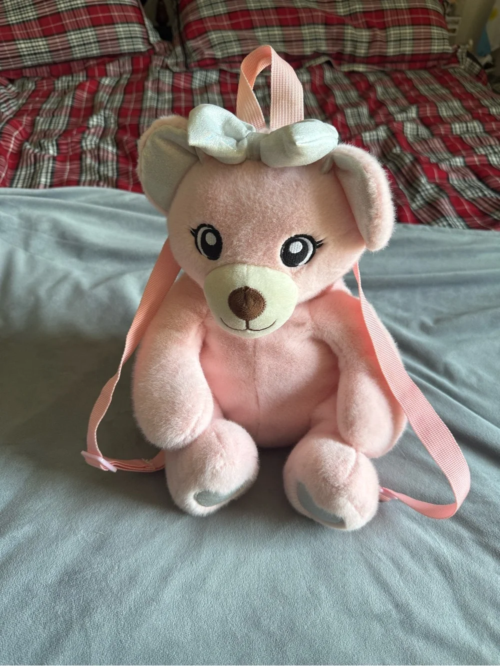 Pastel Pink Plush Teddy Bear Mini Backpack | Kawaii Iridescent Bow & Heart Pads